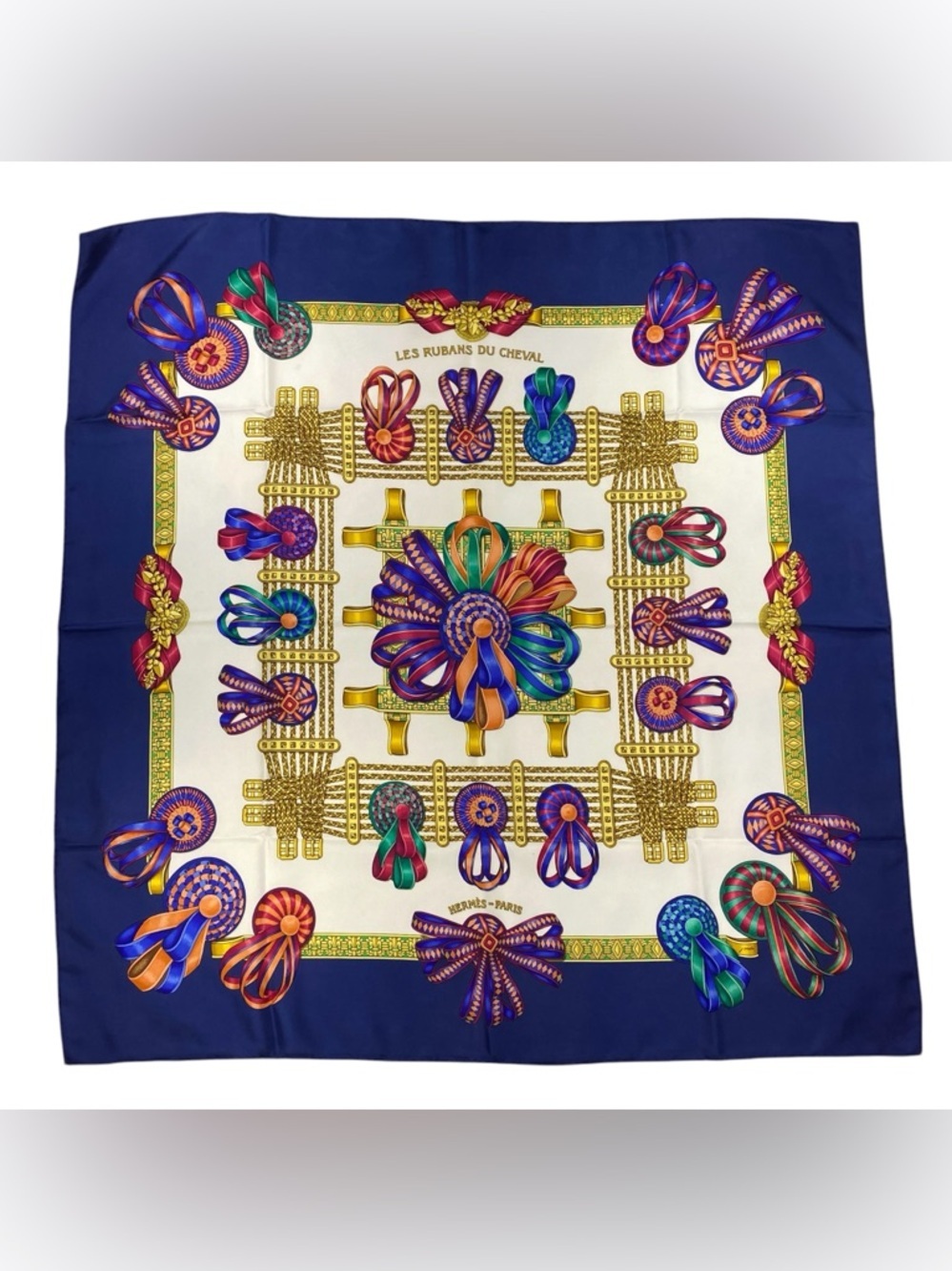 Hermes Navy Blue Multicolor 'Les Rubans du Cheval' Silk Scarf